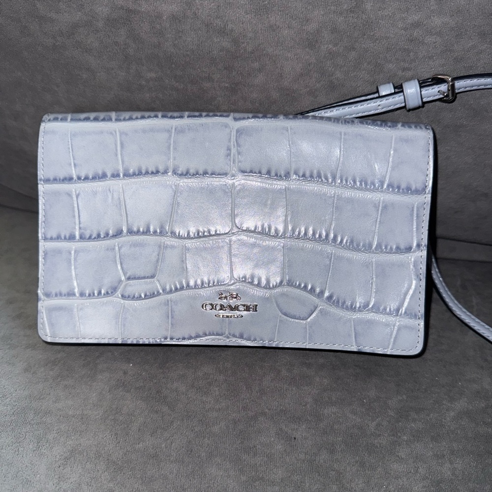 Coach Emb Croc foldover crossbody clutch.
